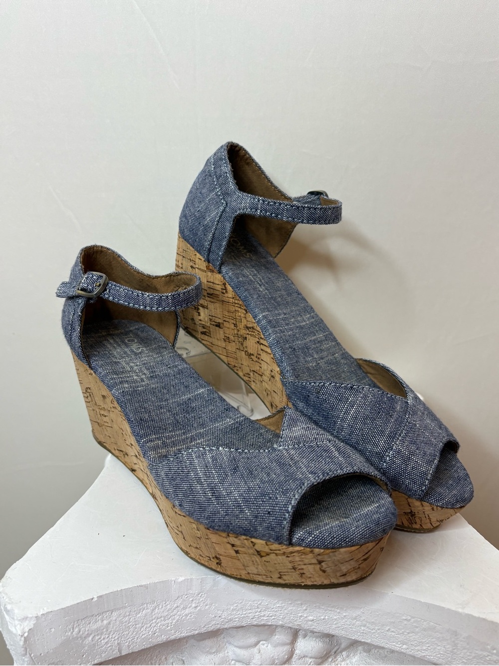 Toms Denim Cork Wedge Sandals in Blue - Picture 2 of 7